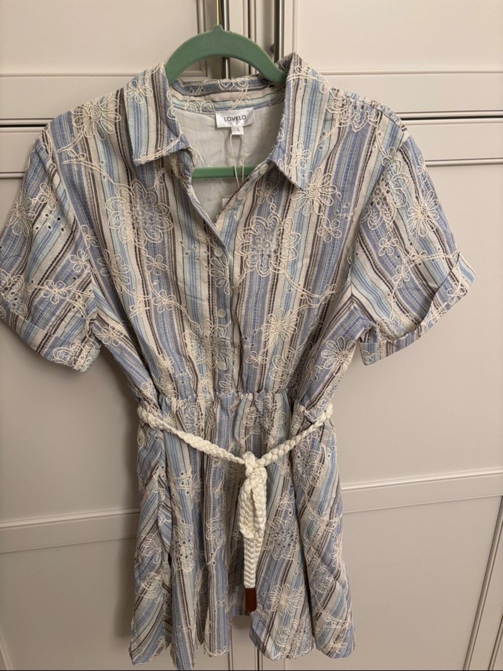 NEW Lovelo striped eyelet blue cream shirt dress. L